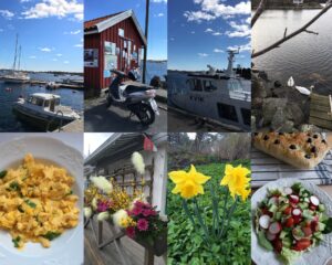 Display med småbilder fra påskeferie på sørlandet, påskeliljer, sjø, båter, mat