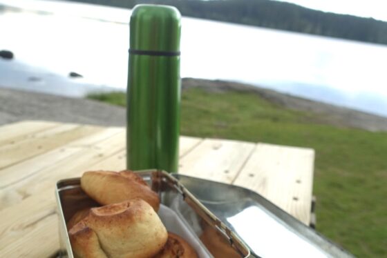 Kafferast, termos med kaffe og boks med kanelboller, bord ved ørfiske, skogstur Nordmarka sommer, tur ørfiske