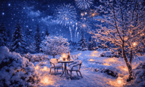 Blå stjernehimmel, raketter, hage ved skogen med lykter og hagemøbler, Ki-generert