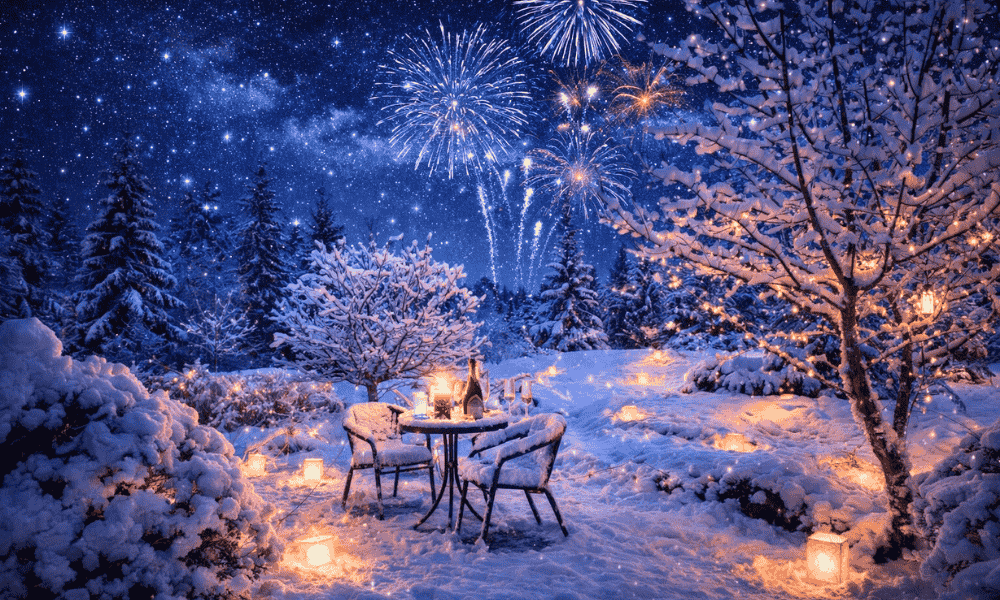 Blå stjernehimmel, raketter, hage ved skogen med lykter og hagemøbler, Ki-generert